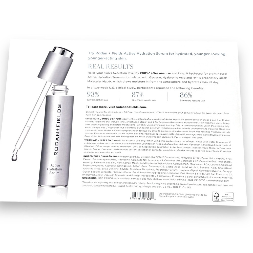 4 pack - Rodan + Fields  NWT One sample sheet 3 days active hydration serum - Picture 2 of 2